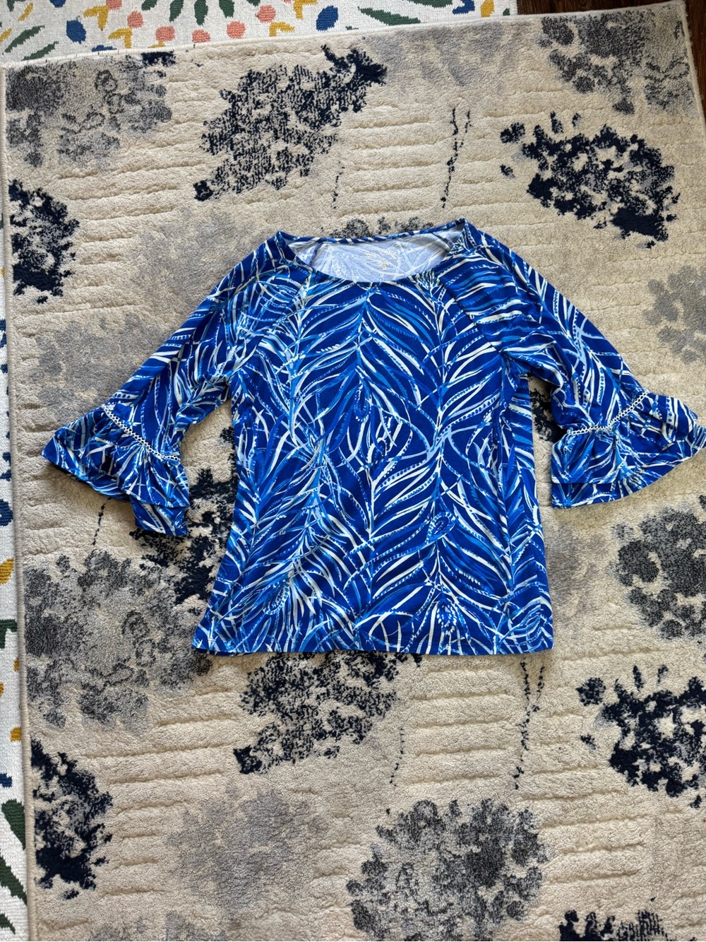 Lilly Pulitzer Cobalt Blue Leaf-Print Ruffle Sleeve Top